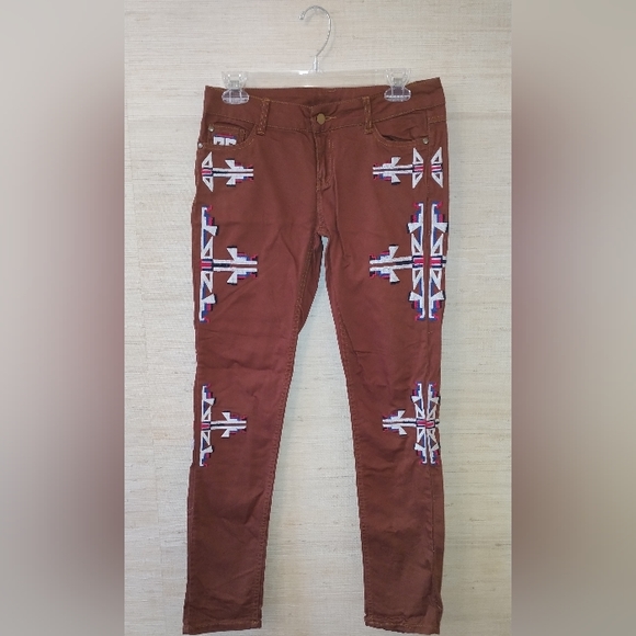 36 Point 5 Denim - 36 Points 5 Brown Pants with Red and White Tribal Pattern (15" by 36")